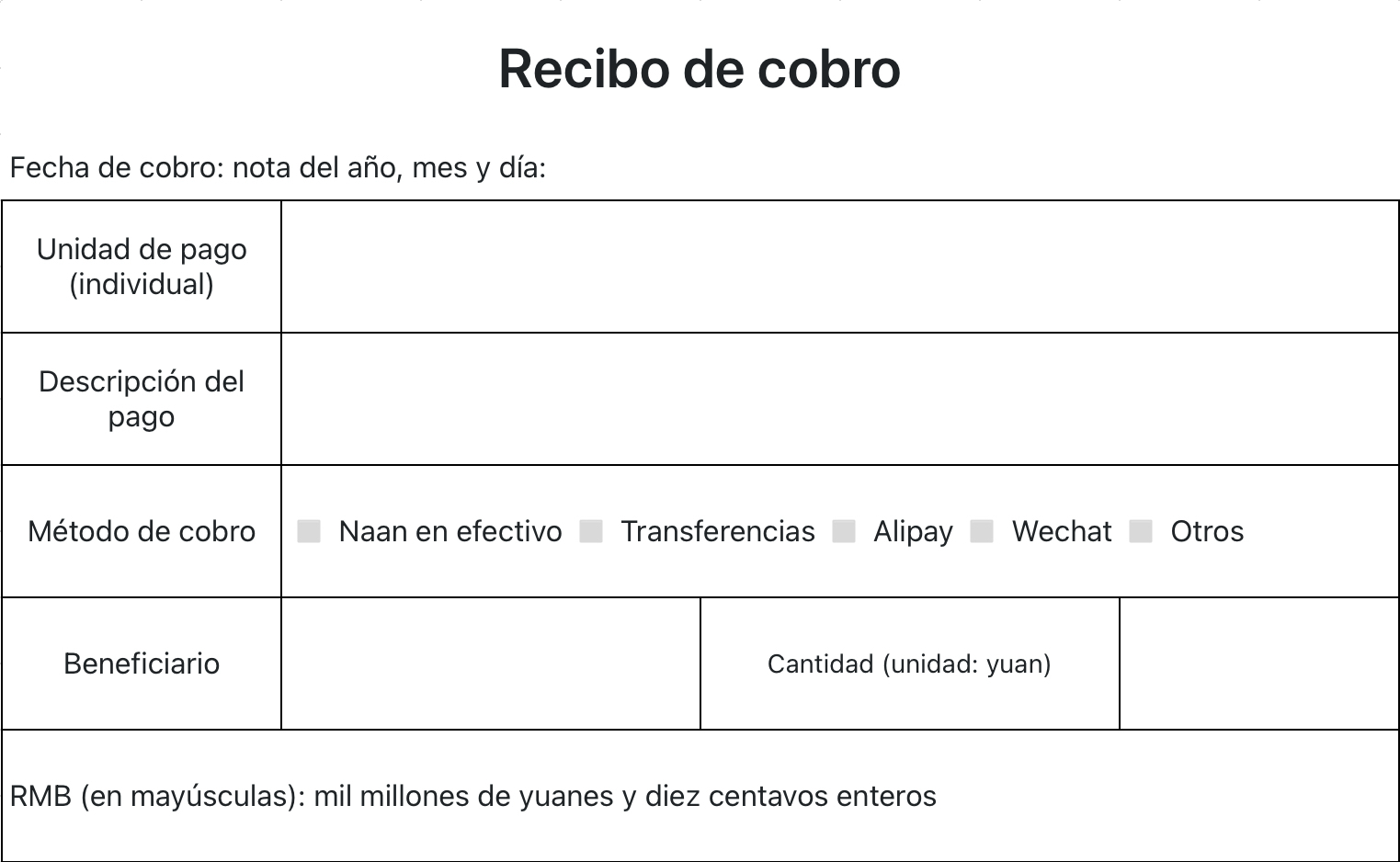 Plantilla de recibo de cobro práctico